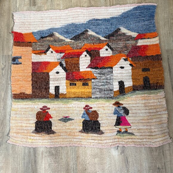 Peruvian Folk Art Tapestry Bohemian Decor Wool Colorful Village Mountain - Picture 2 of 7